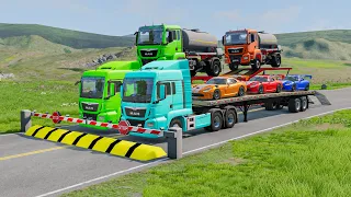 Double Flatbed Trailer Truck vs speed bumps |Busses vs speed bumps | Beamng Drive #94