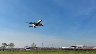 [4K] 3 Airbus A380's taking off in a row at HeathROW Airport