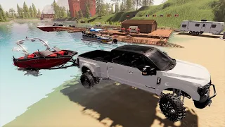 Taking the boat and camper out on the lake | Farming Simulator 19 camping and boating