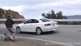 BMW 335i crossing the double yellow on Mulholland