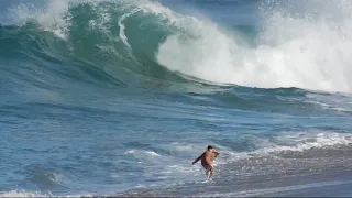 Professional Athlete Tries to Catch Waves on a Skimboard