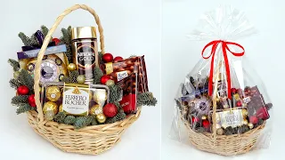 DIY Christmas gift basket. Gift wrapping for the New Year.