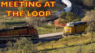 Tehachapi Loop Train Meet at Sunset - BNSF & UP