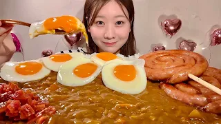 ASMR Curry and Rice with Fried Egg and Sausage【Mukbang/ Eating Sounds】【English subtitles】