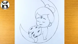 Cute bal bholenath sleeping on moon pencil drawing | mahadev