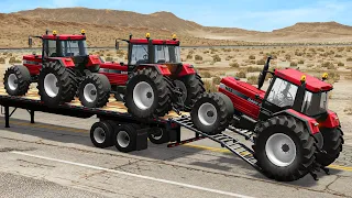 Tractors Transportation with Truck on Flatbed Trailer - Pothole vs Tractor - BeamNG.Drive