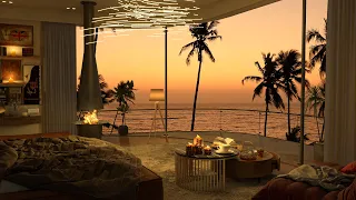 4K Cozy Bedroom With A Night View Of The Beach at Sunset Ambience - Jazz Music for Relax and Study