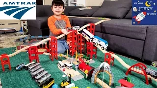 Johny Unboxes New Amtrak Wooden Train Toys & Builds Giant Wooden Track Munipals Layout