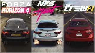 Need For Speed Heat vs Horizon 4 vs The Crew 2 | Alfa Romeo Giulia Sound & 4K Gameplay Comparison