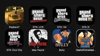 Payback 2, GTA: LCS, GTA: SA, GTA III, GTA Vice City, Max Payne, Bully, Clash od creme Mad San.....