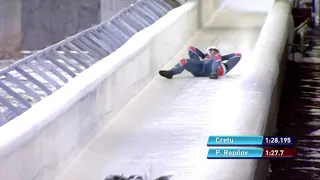 Pavel Repilov crash on luge European Championships in Sigulda (LAT).