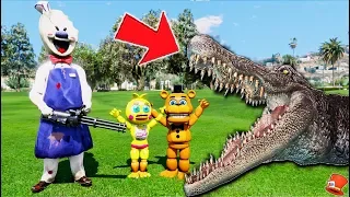 FNAF World Animatronics GET EATEN ALIVE by Ice Scream Rod's Crocodile!(GTA 5 Mods FNAF)