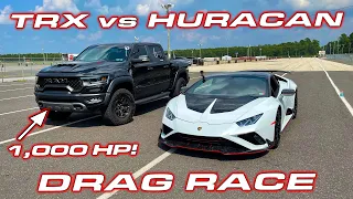 1,000 HP TRX calls out Lambo * Dodge RAM TRX vs Lamborghini Huracan EVO RWD Drag Race