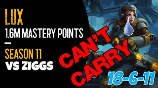 CAN'T CARRY - 1.6M MASTERY POINTS LUX vs ZIGGS (MID LANE) - League of Legends - Season 11