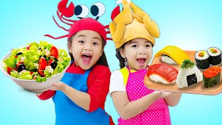 Annie and Suri Pretend Play Making Sushi and Salad with Food Toys