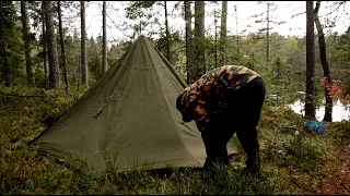 Solo Camping overnight in a Canvas tent - Bushcraft, Wood stove, Polish lavvu tent