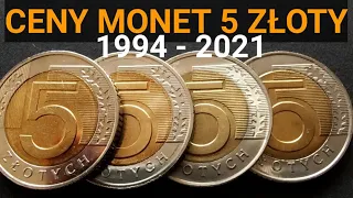 Ceny monet 5 złotych wszystkie roczniki 1994 - 2021, Notowania Listopad 2021, #inflacja