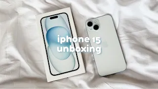 iphone 15 (blue) aesthetic unboxing 🎐 phone accessories, set up, + camera test!