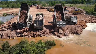 Part.36| Amazing Best Technique Of Bulldozer And Dump Trucks Constructed Filling Up Land With Stone