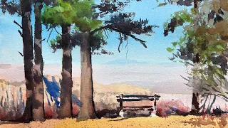 Watercolor landscape painting trees in Grand Canyon