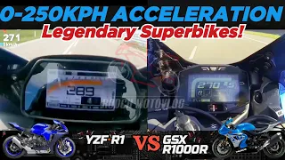 Yamaha YZF R1 🆚️ Suzuki GSX R1000R | 0-250kph Acceleration | GPS Top Speed Attempt 🔥