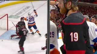 Dougie Hamilton taps Brock Nelson on the head in handshake line