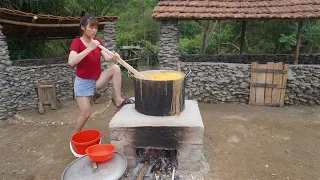 Building Farm, Technique use Wood Stove to Cook Corn to make Primitive Beer - Free Bushcraft Life