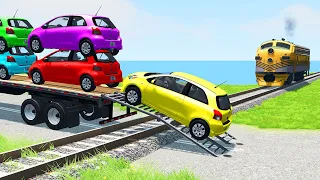 Small Cars Rescue and Transporatation with Flatbet Trailer Truck - Cars vs Rails vs Train - Beamng