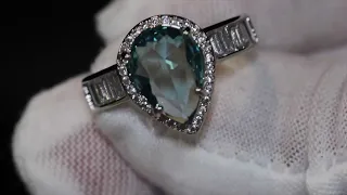 Teal blue diamond ring, Baguette blue diamond engagement ring, pear cut diamond ring