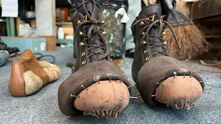 Process of making hiking boots. Handmade shoes made by Japanese craftsmen