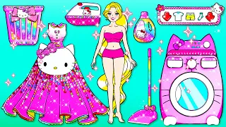 Học Làm Búp Bê Giấy - Mẹ Con Rapunzel Trang Trí Phòng Giặt Hello Kitty - Câu Chuyện Của Barbie