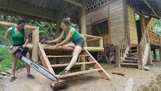 BUILD LOG CABIN, Wooden House, Make stairs to the 2nd floor, Build house railing - Green forest life