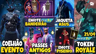 AMANHÃ EVENTO! EMOTE BANDEIRÃO, PASSES ANTIGOS, COELHÃO BLACK, JAQUETA ASUS - NOVIDADES FREE FIRE