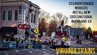 Virginia Trains - CSX Maintenance workers install new crossing signal in Ashland, VA