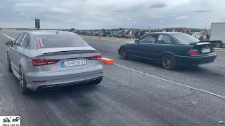 AUDI RS3 vs BMW 328i e36 drag race 1/4 mile 🚦🚗 - 4K