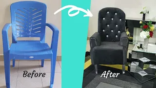 SEE HOW I TRANSFORMED A PLASTIC CHAIR INTO AN ACCENT CHAIR /DIY CHAIR ON BUDGET