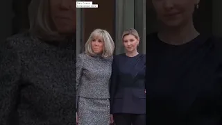Ukrainian and French First Ladies hug in front of Elysee Palace