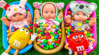 Satisfying ASMR - Rainbow M&M's Candy Mixing with Very Big Surprise Kinder Eggs in Color Bathtubs