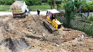 Wonderful Activities Starting New Project By Komatsu Dozer Pushing Soil & 5Ton Dump Truck Unloading