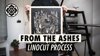 Linocut carving and printing: "From The Ashes" by Maarit Hänninen #linocut #printmaking #artprocess