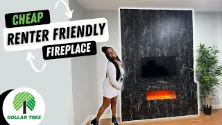 DIY FIREPLACE ON A BUDGET | Realistic & Renter Friendly! | Dollar Tree Faux Marble Fireplace