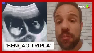 Pai cai da cadeira ao descobrir gravidez de trigêmeos da esposa