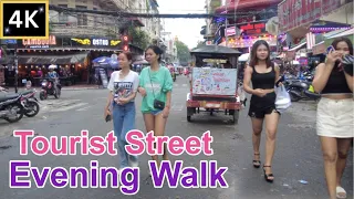 Evening Street Scene: Phnom Penh Tourist Street, Virtual Walk, Cambodia 4k 2023