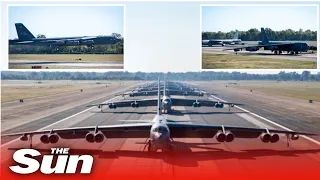 America’s fleet of eight B-52 nuke bombers line up on runway before taking off