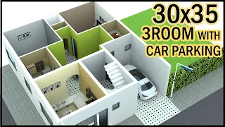 30'-0"x35'-0" 3D House Plan | 30x35 3 Room House Plan With Car Parking | Gopal Architecture