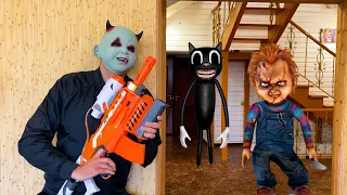 Nerf vs Cartoon Cat and Chucky Horned monster