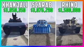 GTA 5 Online - TM02 Khanjali Vs HVY Scarab Vs Rhino Tank! ($3,850,350 Vs $3,076,290 Vs $1,500,000)