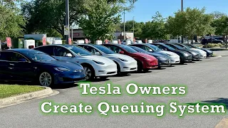 Tesla Owners Create Supercharger Queueing System During 100 Car Demand Surge!