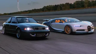 [VR] 1232hp Audi S4 B5 2.7T Arlows vs Bugatti Chiron Nardo battle