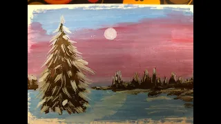 Рисунок зима, лес, закат, мороз красками // РИСОВАНИЕ ДЕТЯМ // Гуашь #SHORTS How to draw